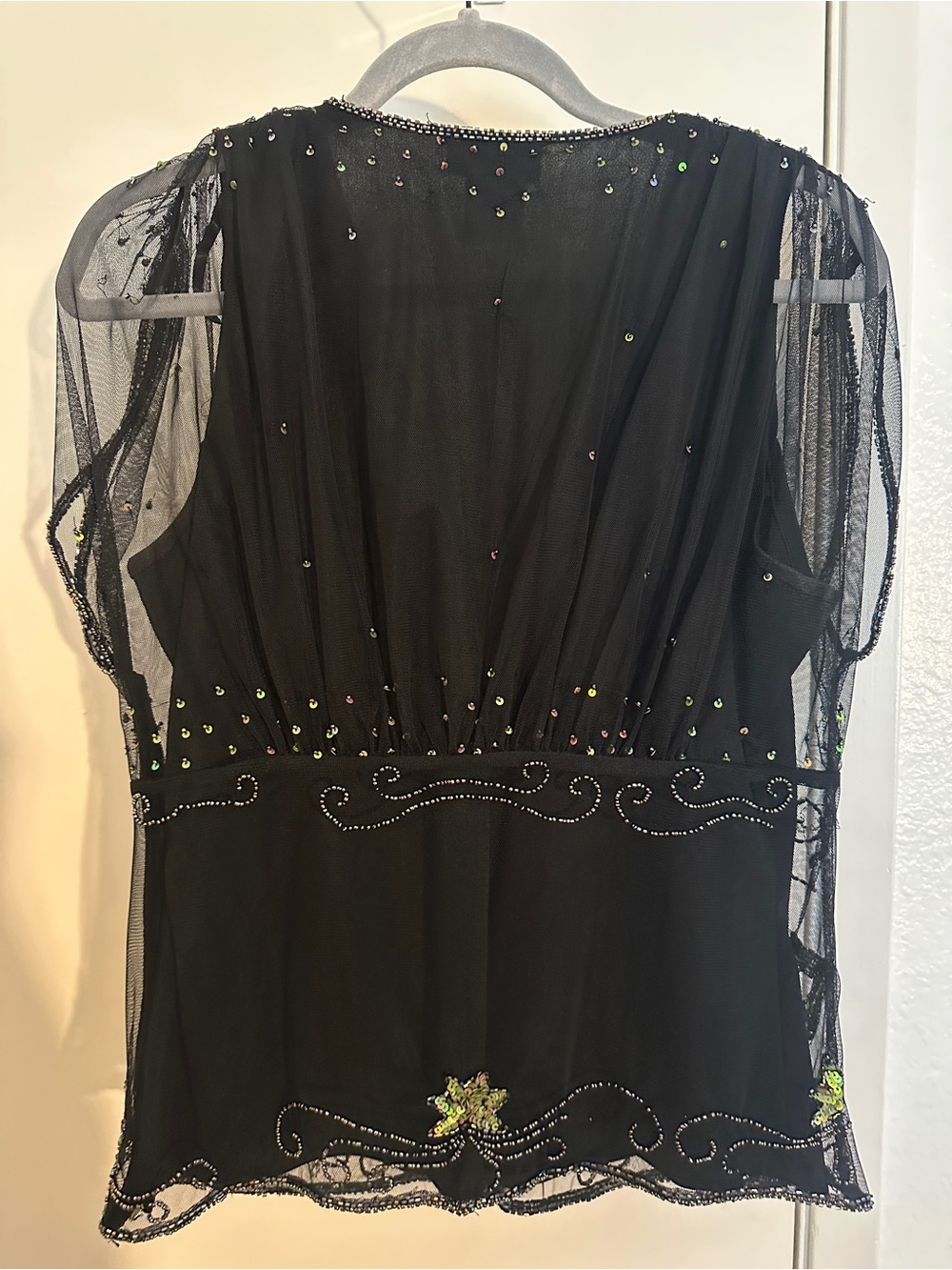 MARINA Black Beaded V-Neck Top with Green Sequin Floral Detail - Picture 3 of 6
